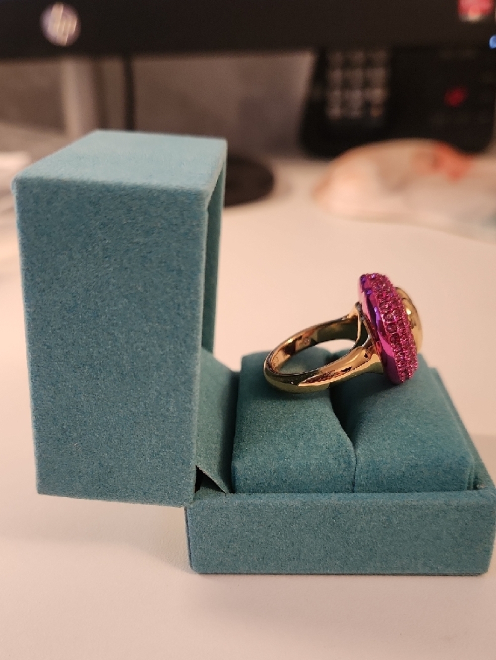 Kurt Geiger Hot Pink Crystal Heart Ring with Gold Center - Picture 2 of 5
